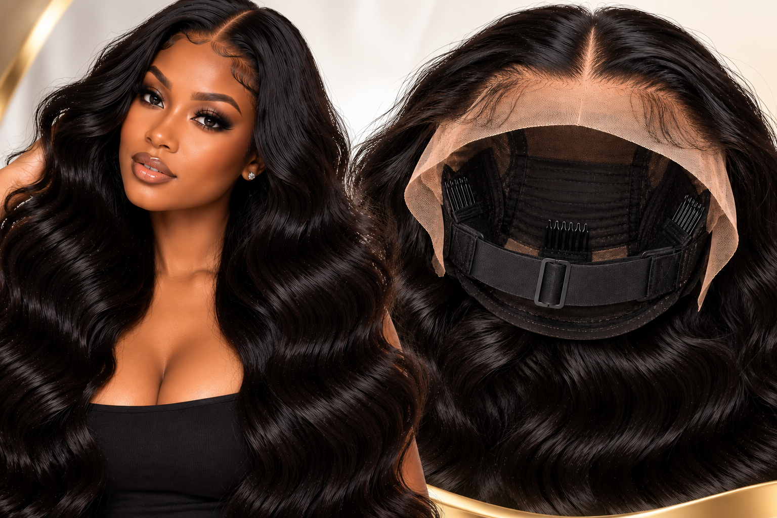 Glueless human hair wig model from Big Boss Bundles in Pflugerville Texas